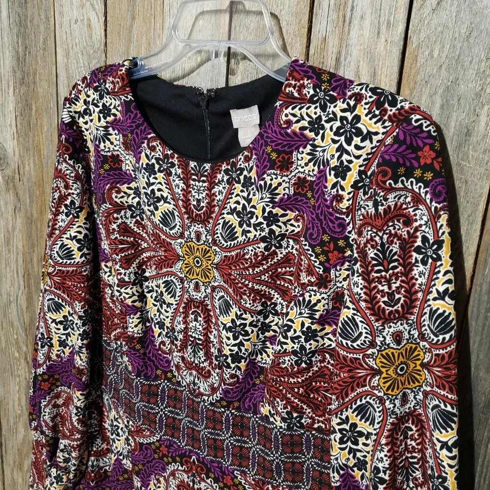 Chico's L 12‎ 14 Midi Dress Medallion Festival Mod Retro Indie Artsy Whimsigoth